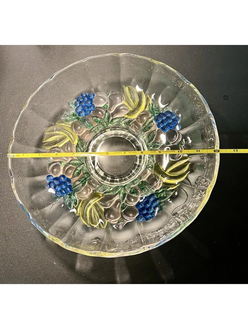 Indiana Glass 1960s Garland Blue Grape Banana Fruit Footed Console Bowl, 12x3.5”